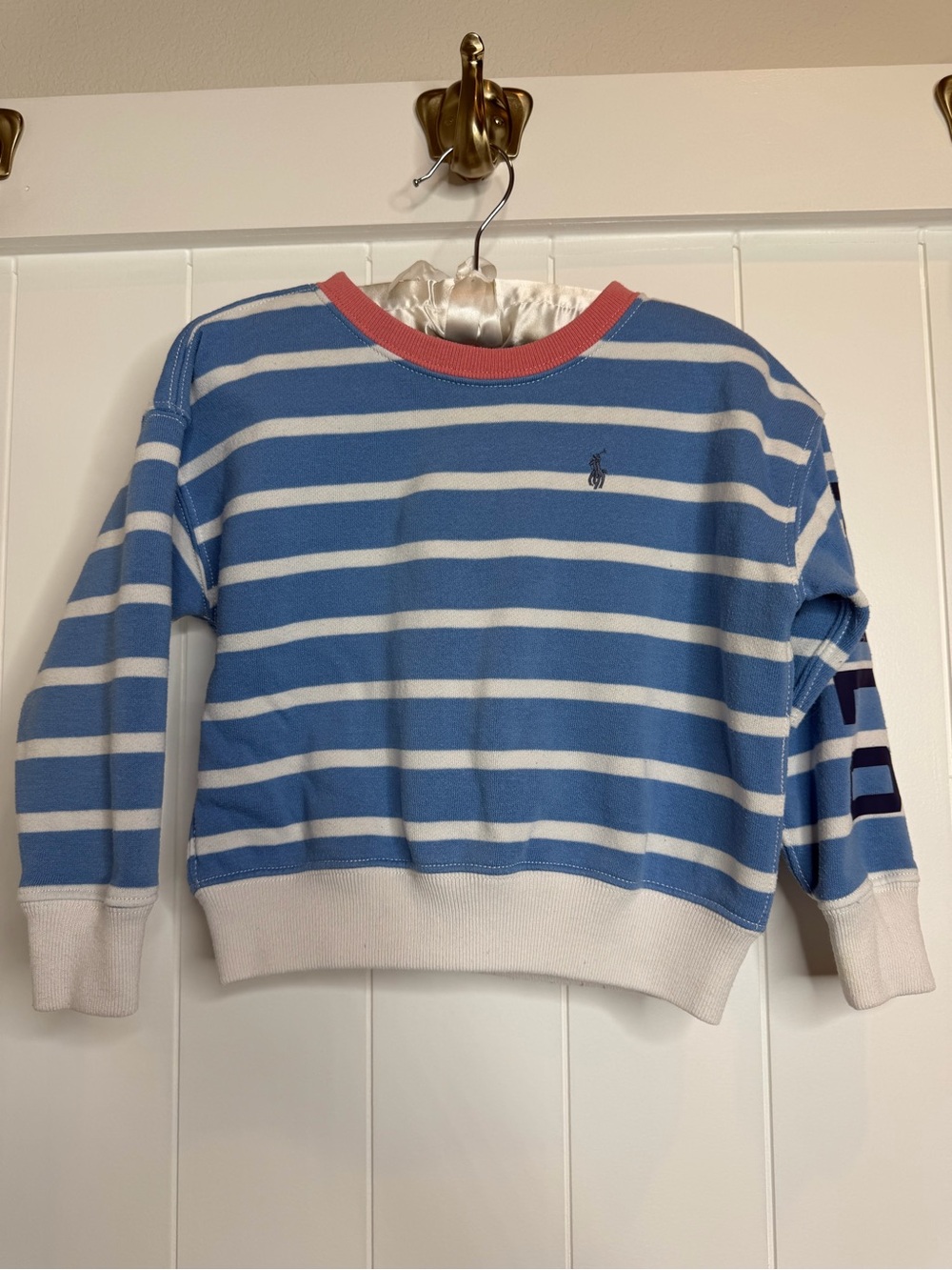 Polo by Ralph Lauren Light Blue, White & Pink Trim Striped Crewneck Sweater